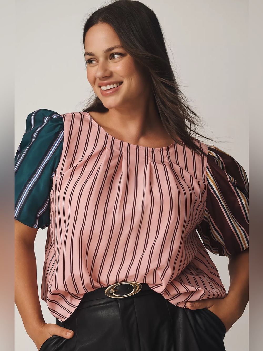 Anthropologie Mauve Striped Puff Sleeve Bow Back Top | XS